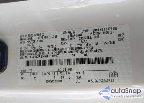 2022 Ford F-150 Xl из США, поврежденный, VIN 1FTEX1CP8NKD61617